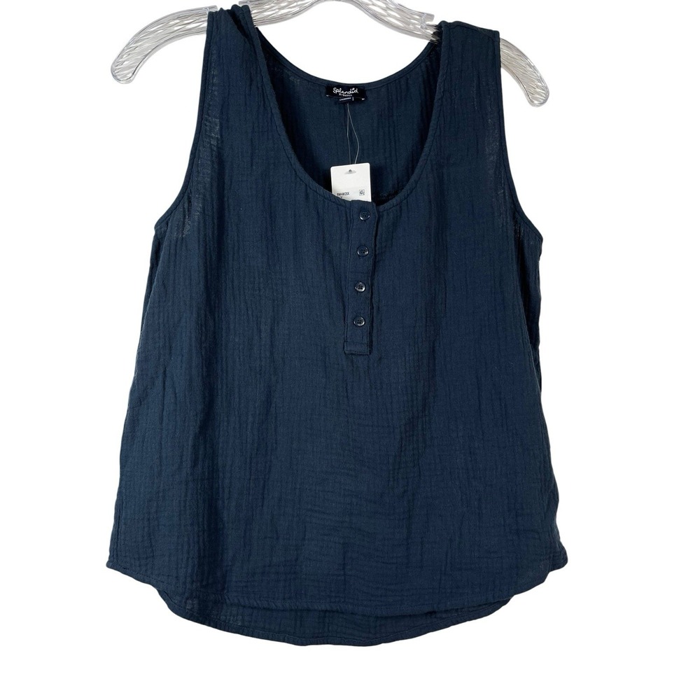 NWT SPLENDID Sz XS Tank Top 100% Cotton Gauze Navy Button Front Beach New